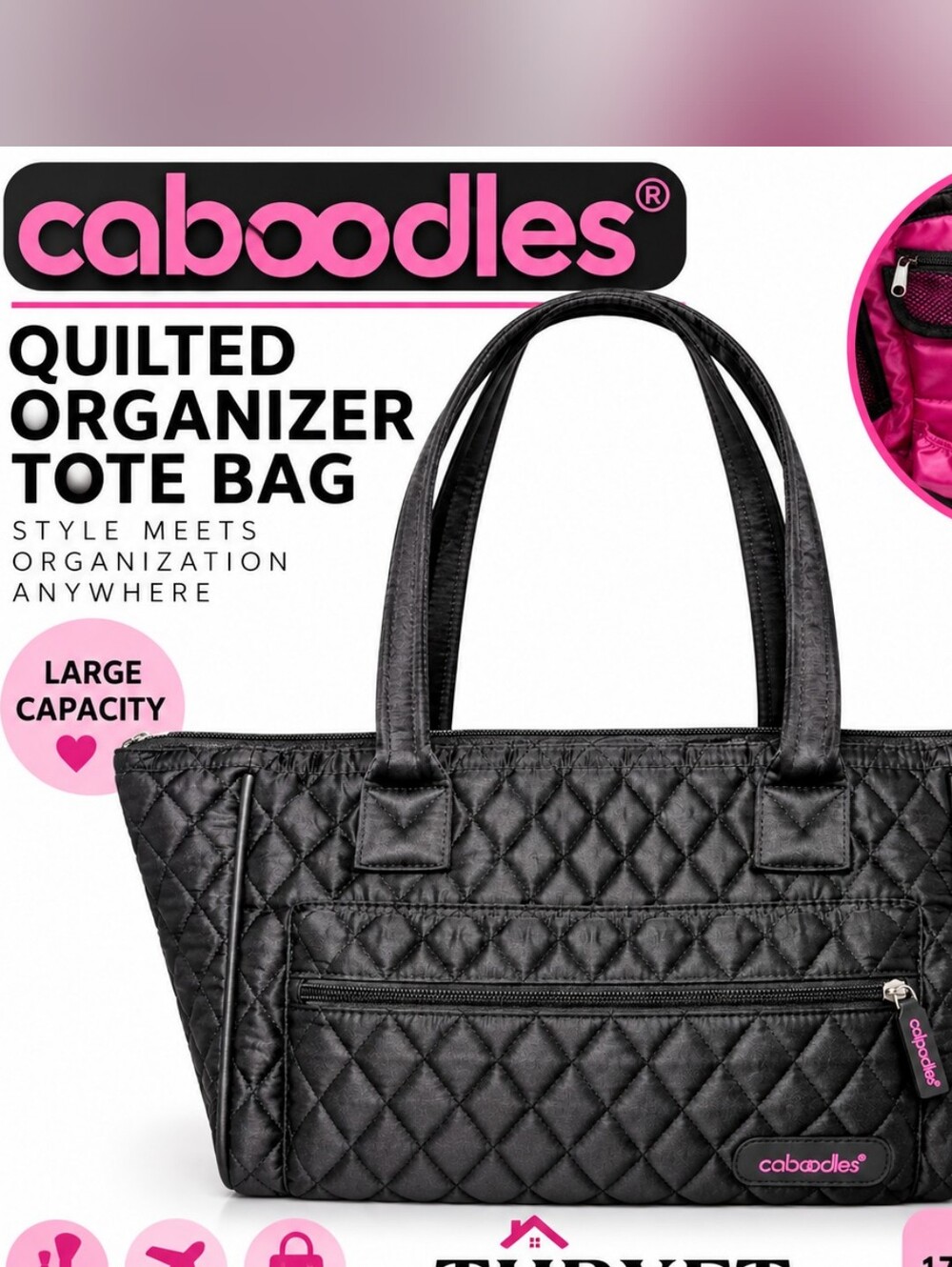 Caboodles Black Quilted Cosmetic Organizer Tote Bag Pink Interior Large 17"